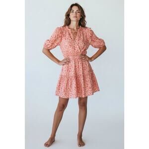 Avara Spencer Dress Pink Floral Ruffle Cap Sleeve Midi V-Neck Slit Dress Women L